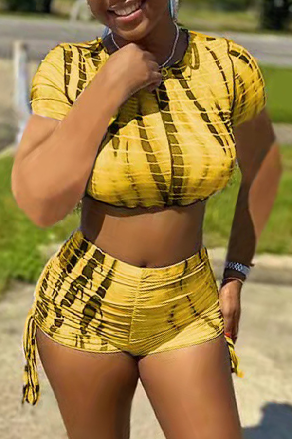 Yellow Sexy Print Patchwork O Neck Short Sleeve Two Pieces