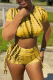 Yellow Sexy Print Patchwork O Neck Short Sleeve Two Pieces