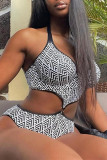 White Fashion Sexy Print Patchwork Backless Swimwears
