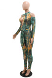 Ink Green Fashion Sexy Print Hollowed Out See-through Turtleneck Skinny Jumpsuits