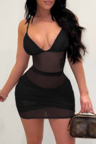 Black Fashion Sexy Solid Patchwork See-through Backless Spaghetti Strap Sleeveless Dress