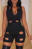 Black Sexy Solid Hollowed Out V Neck Skinny Rompers