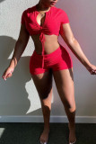 Red Fashion Casual Solid Bandage V Neck Short Sleeve Two Pieces