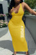 Yellow Fashion Simplicity Print Letter V Neck One Step Skirt Dresses