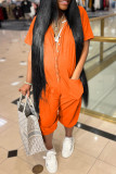 Orange Fashion Casual Solid Basic V Neck Regular Jumpsuits