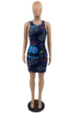 Blue Fashion Casual Print Basic O Neck Sleeveless Dress