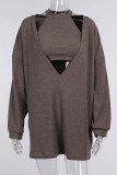 Brown Sexy Solid Split Joint V Neck Long Sleeve Two Pieces