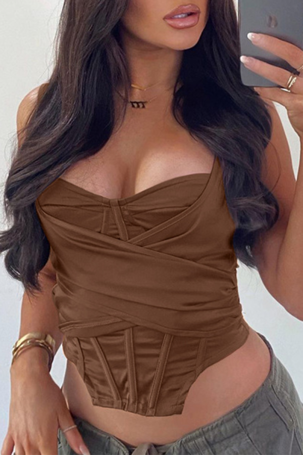 Brownness Sexy Solid Patchwork Square Collar Tops