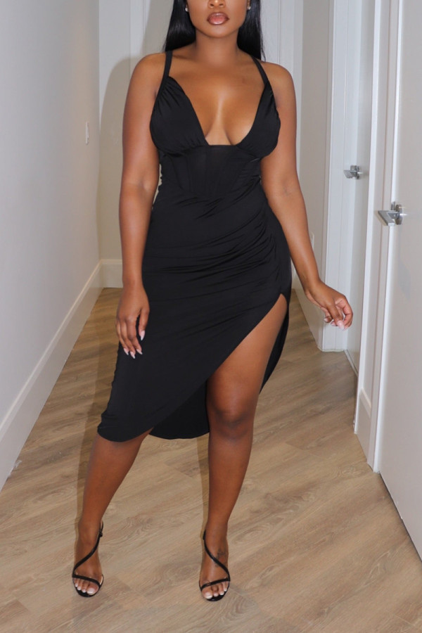 Black Fashion Sexy Solid High Opening U Neck Sheath Dresses