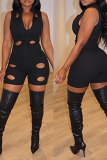 Black Sexy Solid Hollowed Out V Neck Skinny Rompers