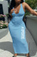 Sky Blue Fashion Simplicity Print Letter V Neck One Step Skirt Dresses