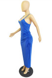 Blue Fashion Sexy Solid Draw String Frenulum Backless Spaghetti Strap Long Dress