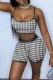 Black Sexy Plaid Print Patchwork Spaghetti Strap Sleeveless Two Pieces