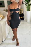 Black Sexy Solid Hollowed Out Spaghetti Strap Pencil Skirt Dresses