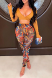 Coffee Sexy Print Patchwork V Neck Long Sleeve Two Pieces