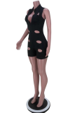 Black Sexy Solid Hollowed Out V Neck Skinny Rompers