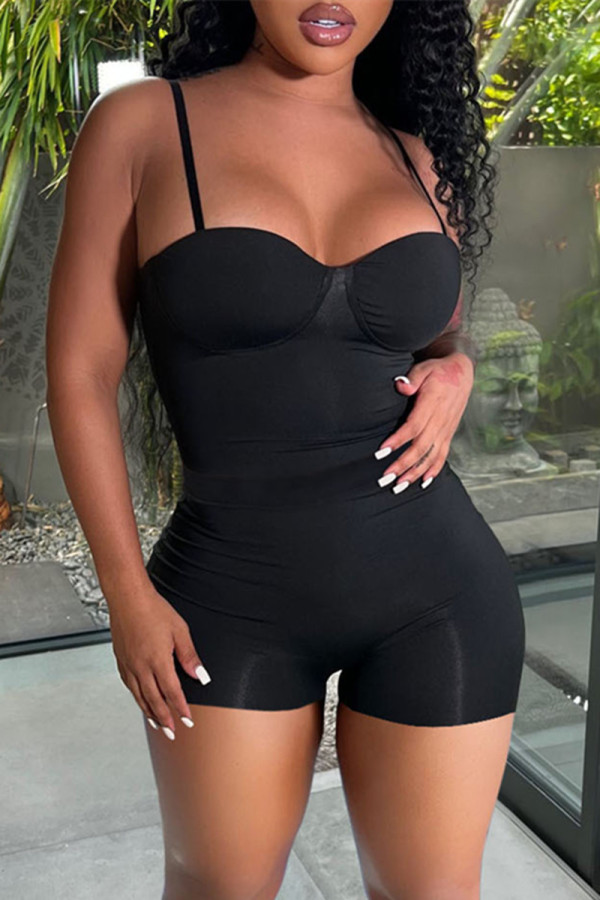 Black Sexy Casual Solid Backless Spaghetti Strap Sleeveless Two Pieces