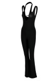 Black Sexy Solid Hollowed Out Patchwork Asymmetrical Collar Boot Cut Jumpsuits
