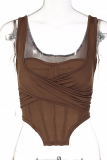 Brownness Sexy Solid Patchwork Square Collar Tops