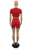 Red Fashion Casual Solid Bandage V Neck Short Sleeve Two Pieces