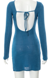 Blue Sexy Solid Mesh O Neck Pencil Skirt Dresses
