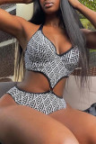 White Fashion Sexy Print Patchwork Backless Swimwears