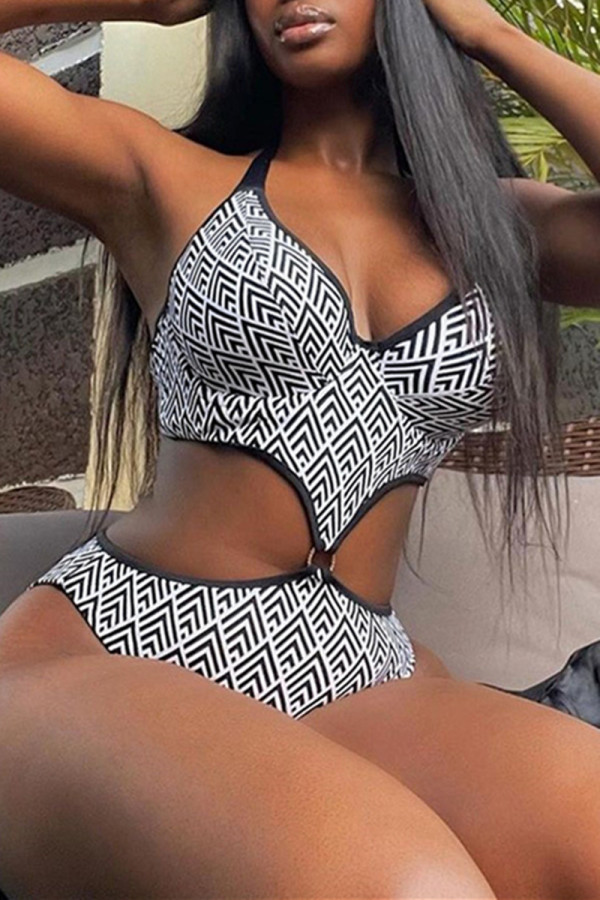 White Fashion Sexy Print Patchwork Backless Swimwears