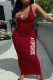Deep Red Fashion Simplicity Print Letter V Neck One Step Skirt Dresses