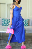 Blue Fashion Sexy Solid Draw String Frenulum Backless Spaghetti Strap Long Dress