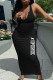 Black Fashion Simplicity Print Letter V Neck One Step Skirt Dresses