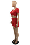 Red Fashion Casual Solid Bandage V Neck Short Sleeve Two Pieces