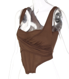 Brownness Sexy Solid Patchwork Square Collar Tops