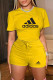 Yellow Fashion Casual Print Letter O Neck Short Sleeve Two Pieces
