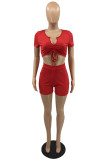 Red Fashion Casual Solid Bandage V Neck Short Sleeve Two Pieces