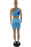 Purple Fashion Sexy Patchwork Draw String One Shoulder Sleeveless Two Pieces