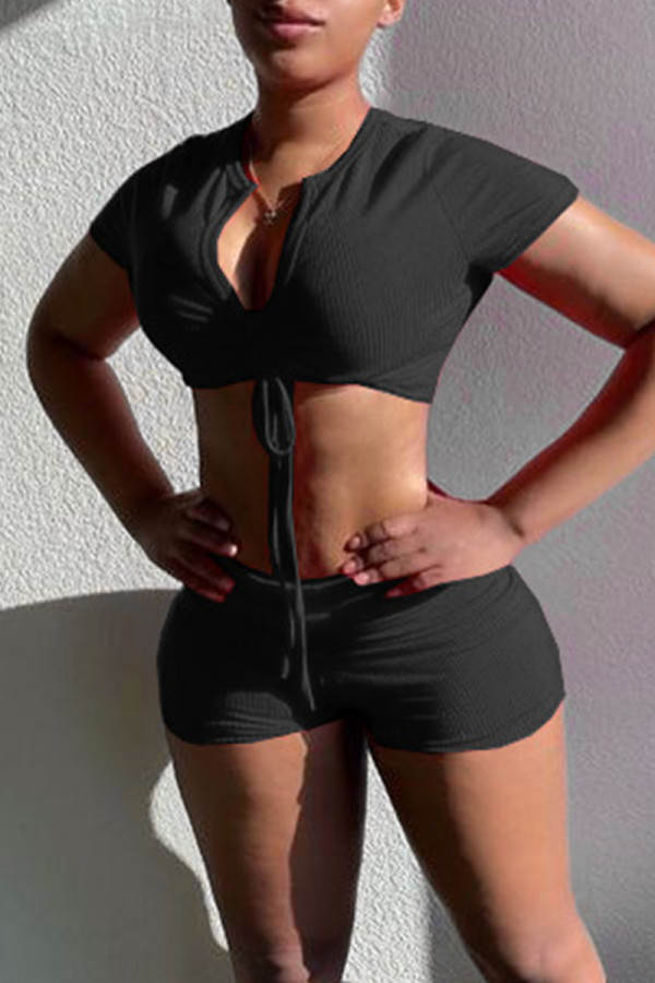 Black Fashion Casual Solid Bandage V Neck Short Sleeve Two Pieces