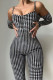 Black Sexy Plaid Print Patchwork Spaghetti Strap Regular Jumpsuits