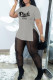 Grey Fashion Casual Letter Print See-through Slit O Neck Short Sleeve Two Pieces