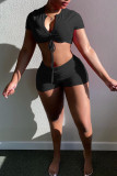 Red Fashion Casual Solid Bandage V Neck Short Sleeve Two Pieces