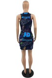 Blue Fashion Casual Print Basic O Neck Sleeveless Dress