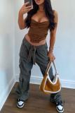 Brownness Sexy Solid Patchwork Square Collar Tops