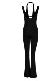 Black Sexy Solid Hollowed Out Patchwork Asymmetrical Collar Boot Cut Jumpsuits