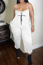 White Fashion Casual Print Backless Spaghetti Strap Regular Jumpsuits