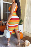 Tangerine Red Sexy Striped Patchwork V Neck Pencil Skirt Dresses