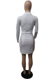 White Fashion Sexy Solid Hollowed Out Split Joint See-through Turndown Collar Long Sleeve Dresses