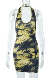 Yellow Fashion Sexy Print Tie Dye Backless Halter Sleeveless Dress Dresses