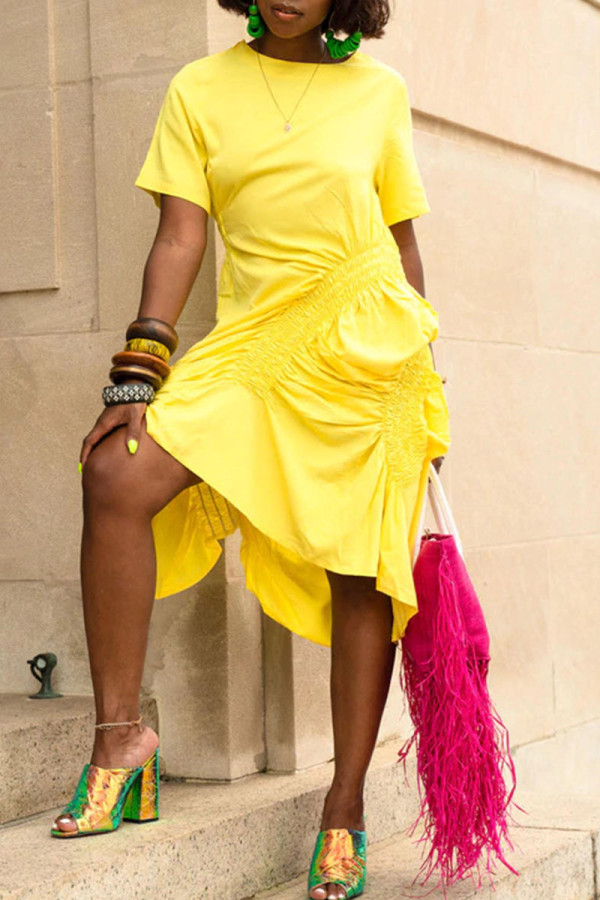 Yellow Casual Solid Patchwork Fold Asymmetrical O Neck Dresses