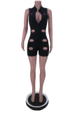 Black Sexy Solid Hollowed Out V Neck Skinny Rompers