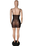 Black Fashion Sexy Solid Patchwork See-through Backless Spaghetti Strap Sleeveless Dress
