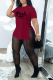 Burgundy Casual Print Slit O Neck Short Sleeve Two Pieces
